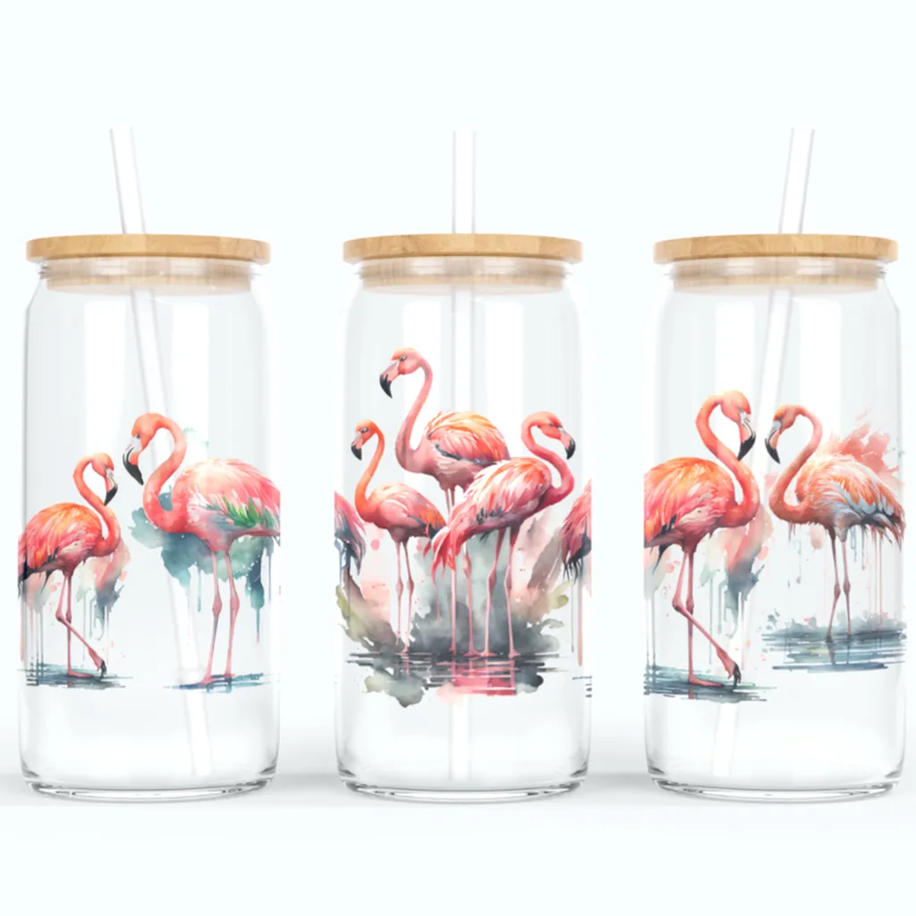 Graffdesign - Trinkglas - Longdrink Glas - Becher aus Glas inkl. Deckel und Strohhalm - mit Flamingo Kolonie - G-TB-01
